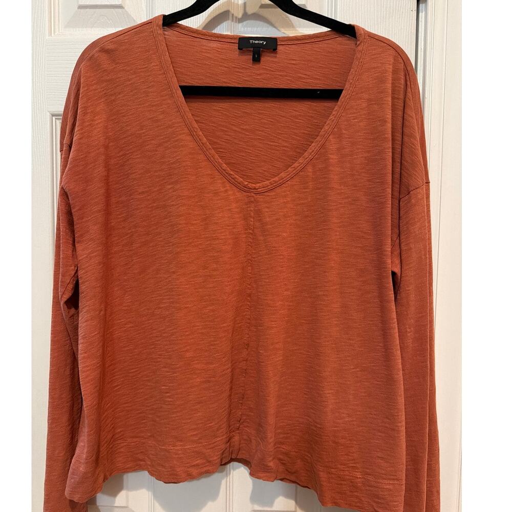 Theory Rust/Terracotta Slub knit long sleeve Size S oversized v-neck tee